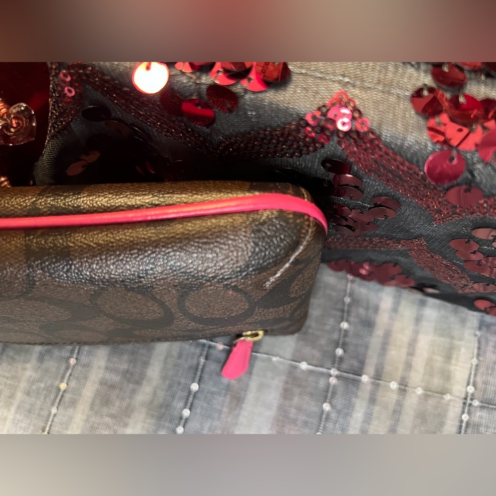Coach Dark Brown Safiano Signature C Wristlet with Pink Trim - Picture 4 of 13